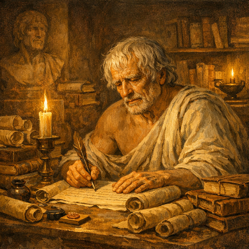 Sénèque écrivant ses lettres philosophiques : sagesse stoïcienne pour le quotidien