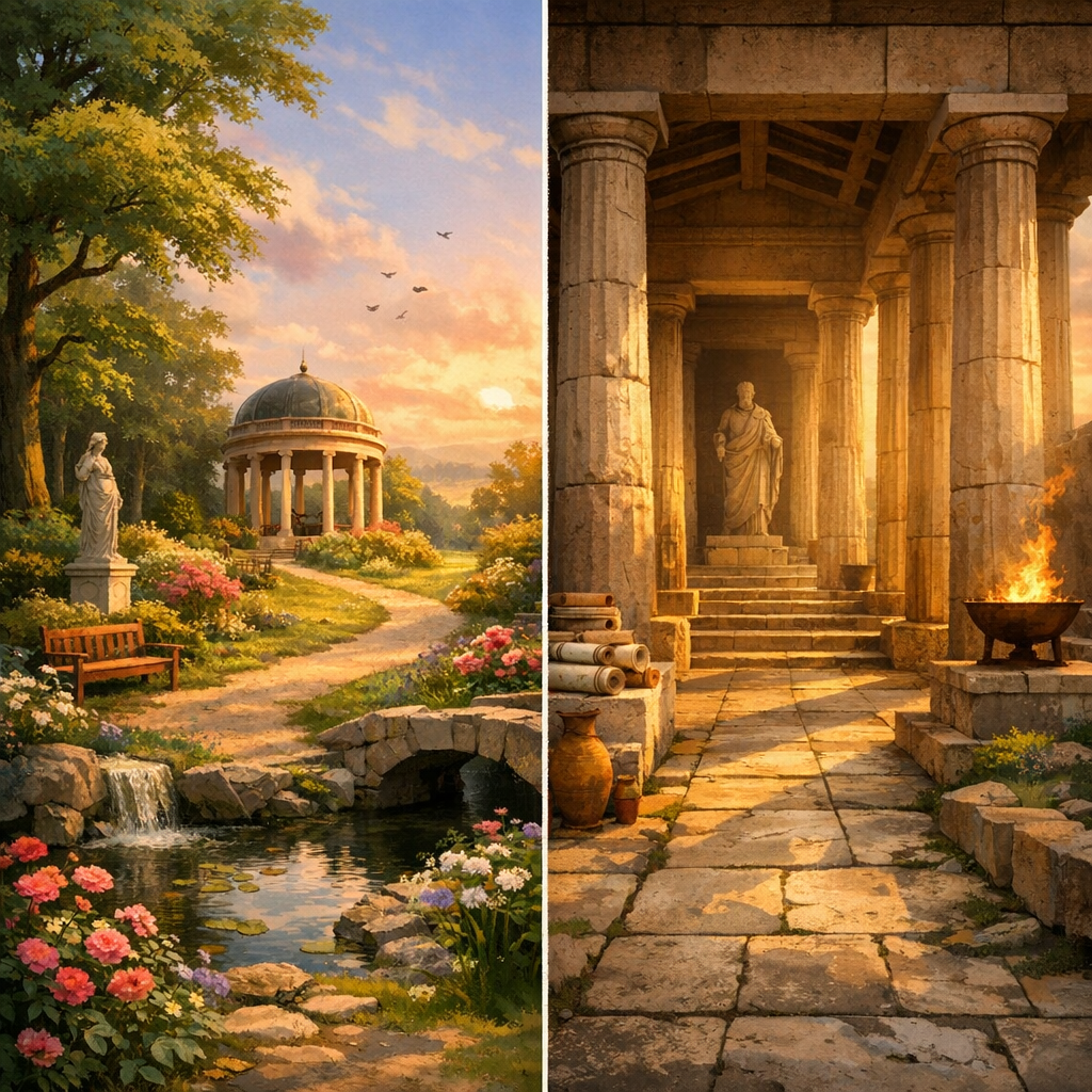 Le jardin d'Épicure vs le portique stoïcien : deux visions du bonheur dans l'Antiquité