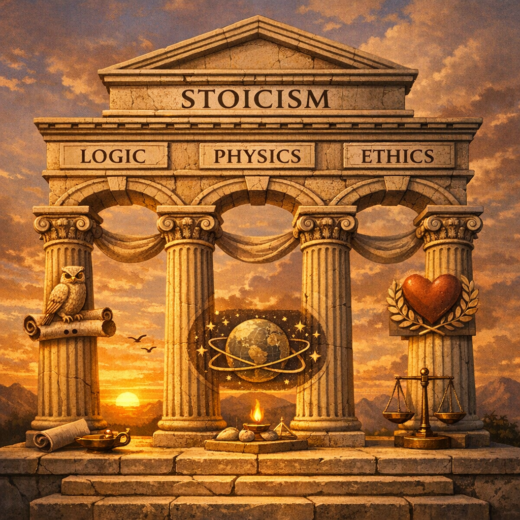 Les trois parties du stoïcisme : logique, physique et éthique représentées par des piliers grecs