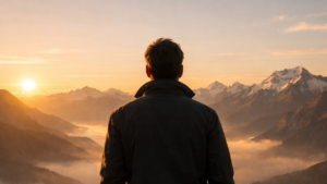 Personne sereine face à un paysage au lever du soleil, illustrant l'amor fati, l'amour du destin