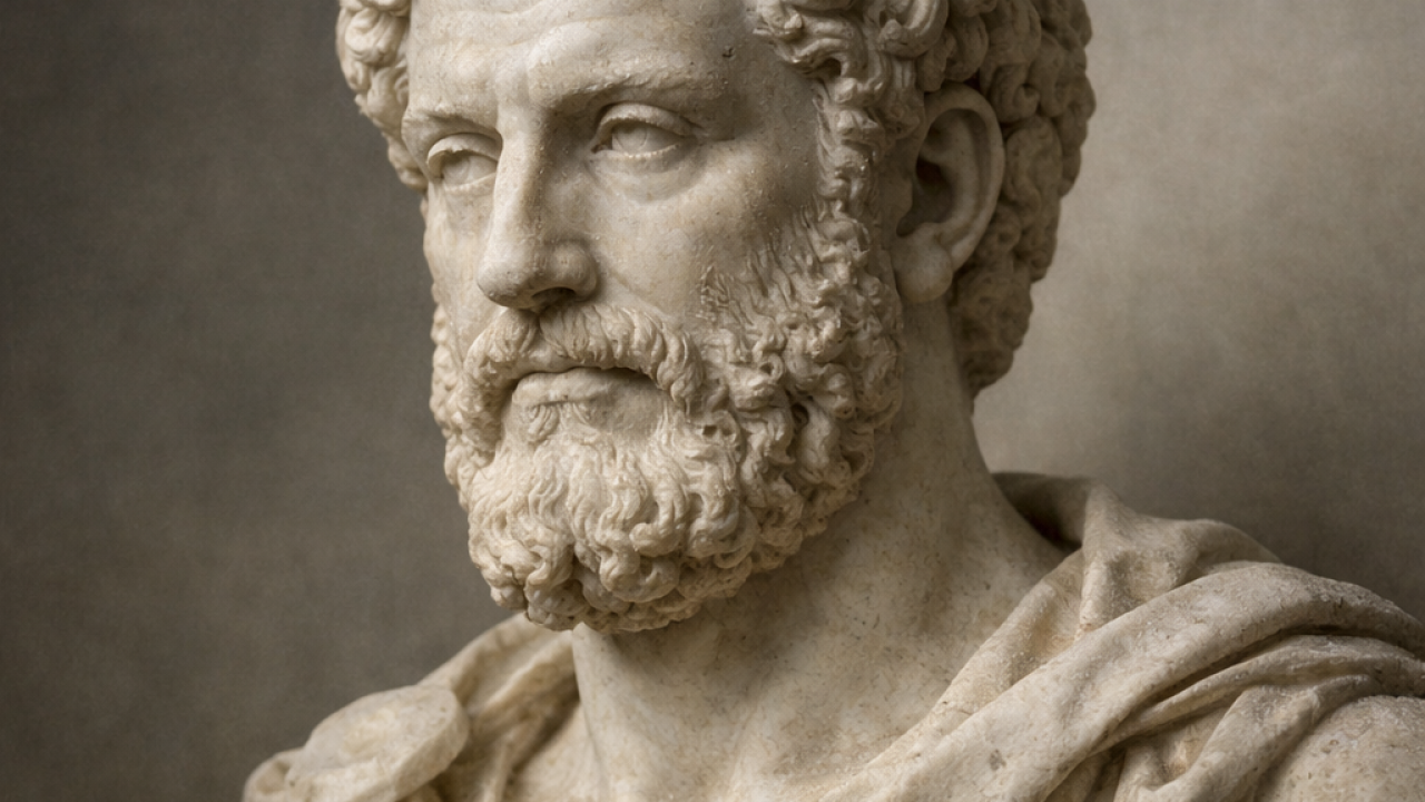 Statue antique d'un philosophe stoïcien évoquant l'acceptation du destin chez Marc Aurèle et Épictète
