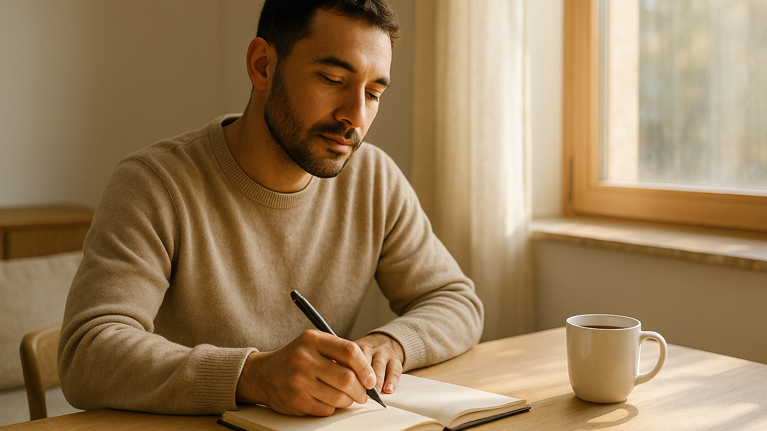 Personne écrivant dans un carnet à la lumière du matin, pratique quotidienne de l'amor fati