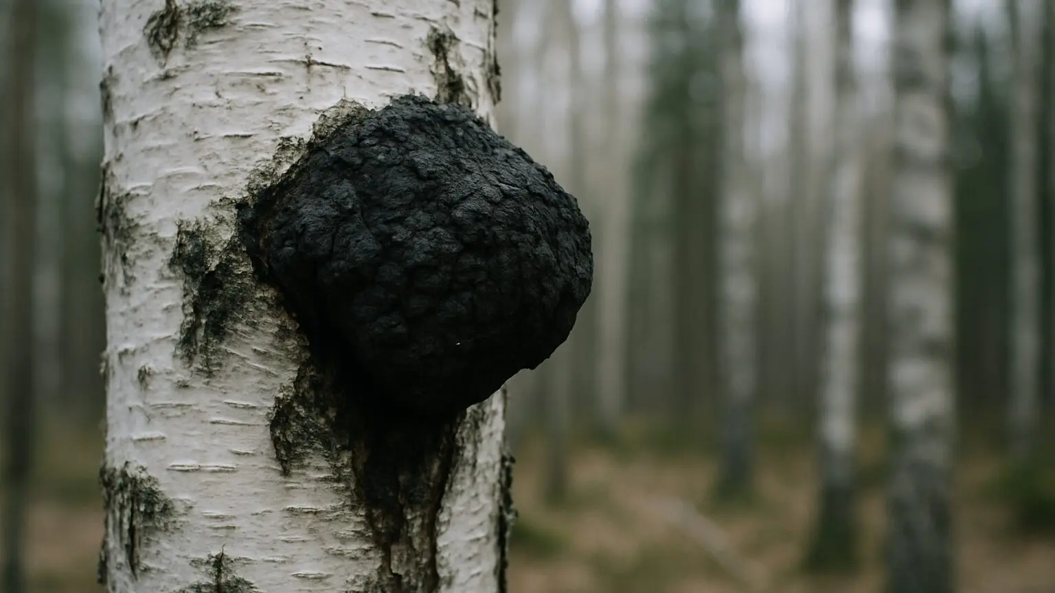 Champignon chaga noir poussant sur un tronc de bouleau en forêt froide