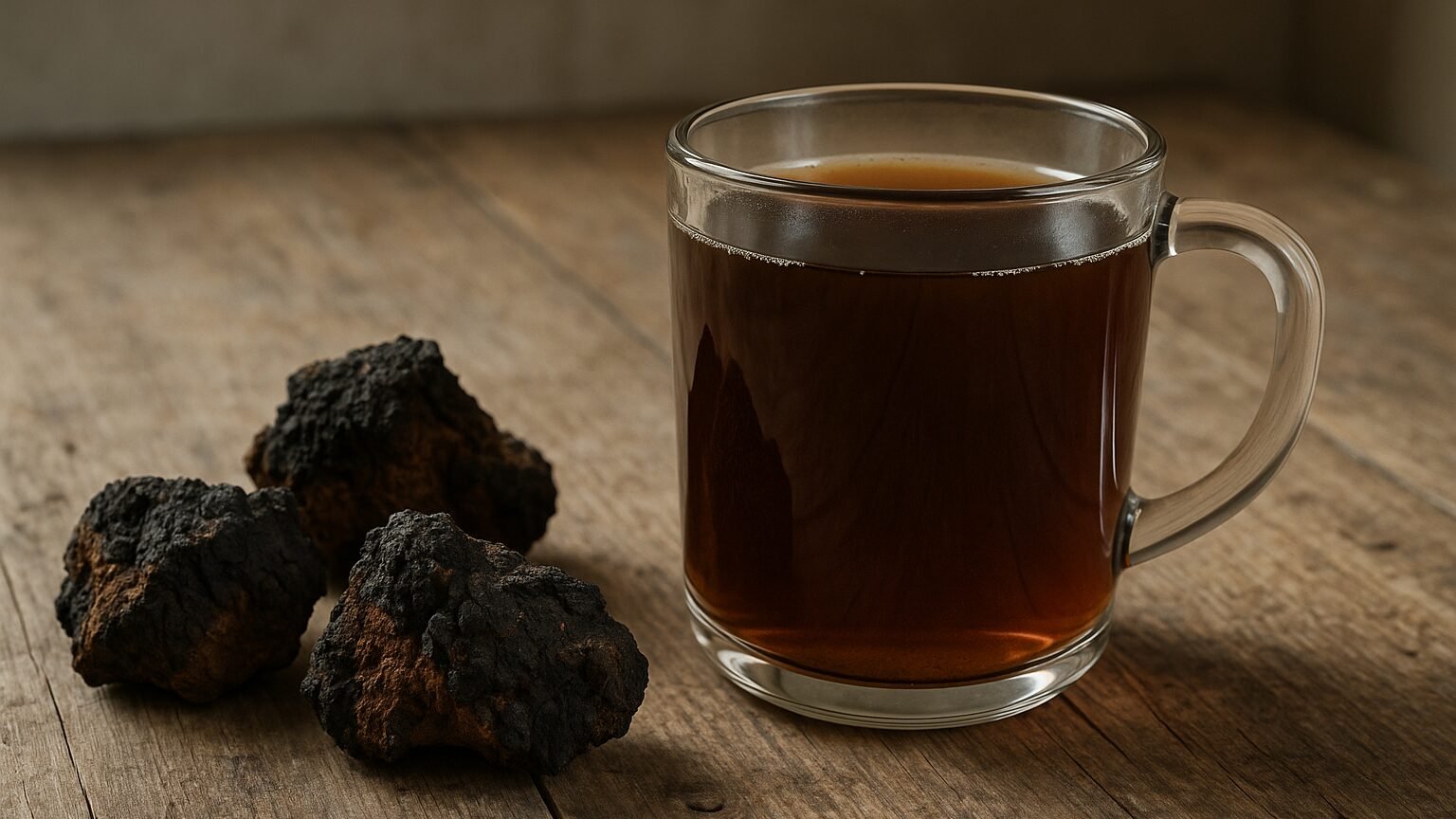 Tasse d'infusion de chaga et morceaux de chaga noir sur une table en bois