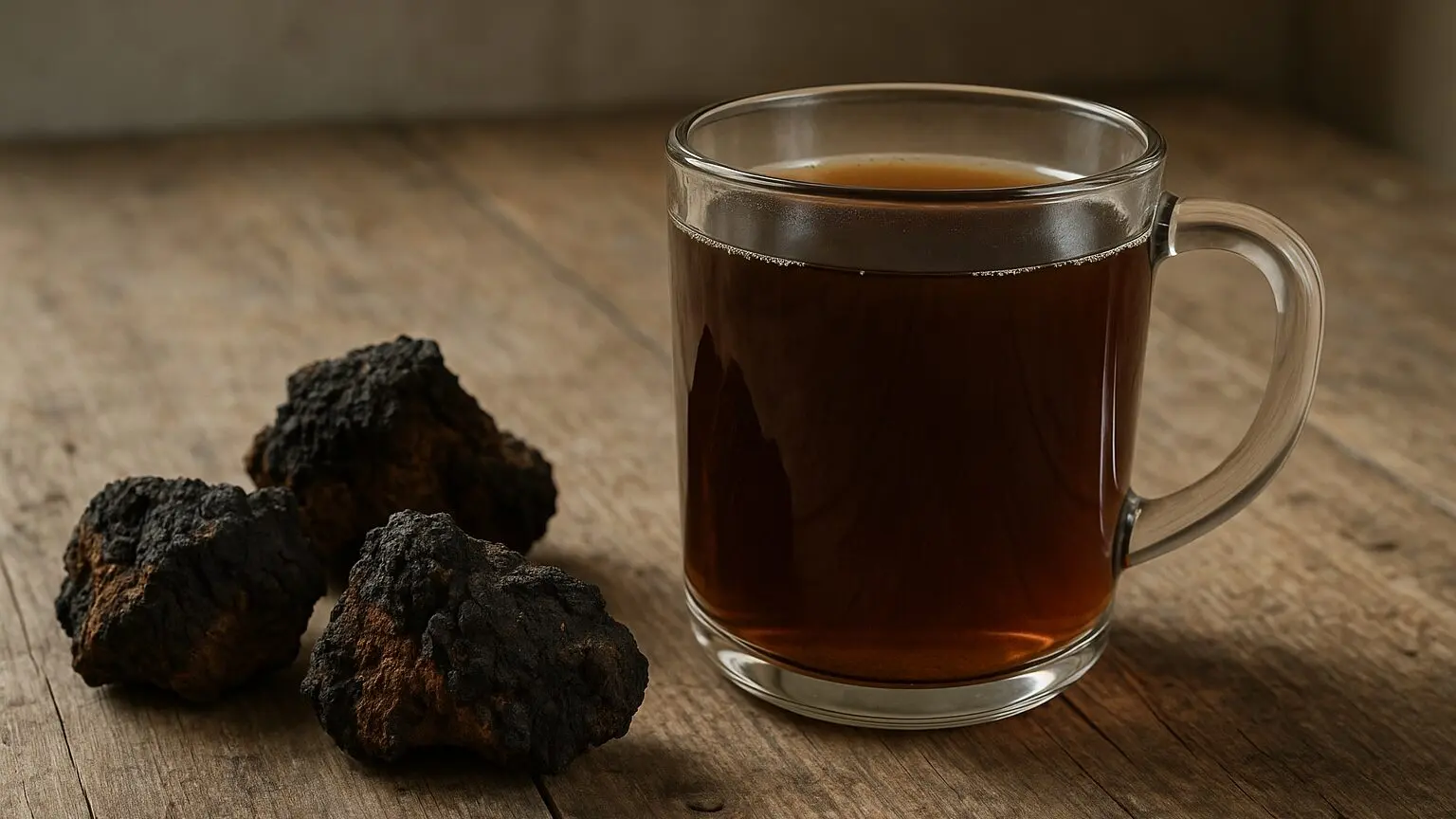 Tasse d'infusion de chaga et morceaux de chaga noir sur une table en bois