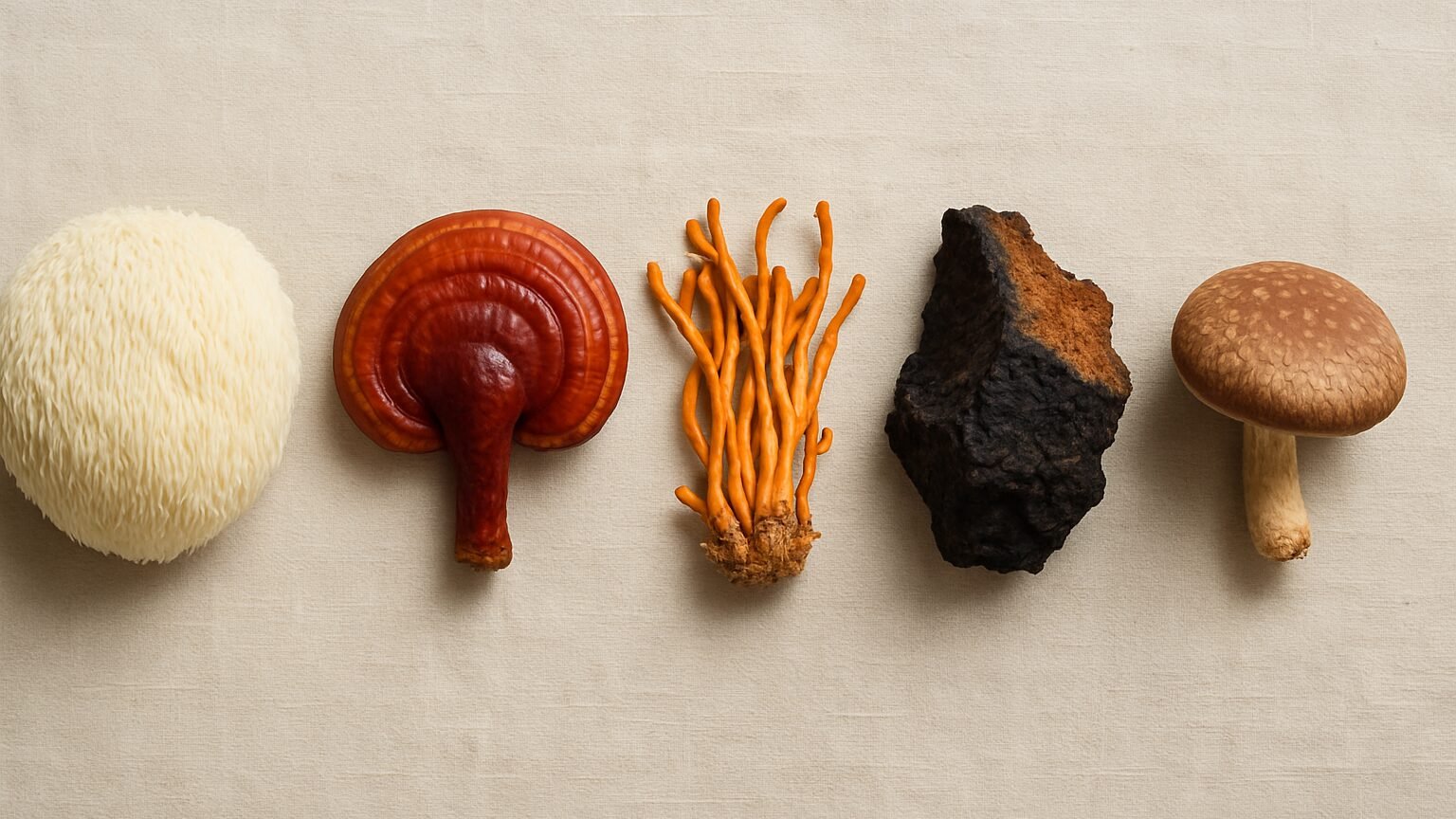 Les cinq champignons adaptog&egrave;nes align&eacute;s : lion's mane, reishi, cordyceps, chaga et shiitake
