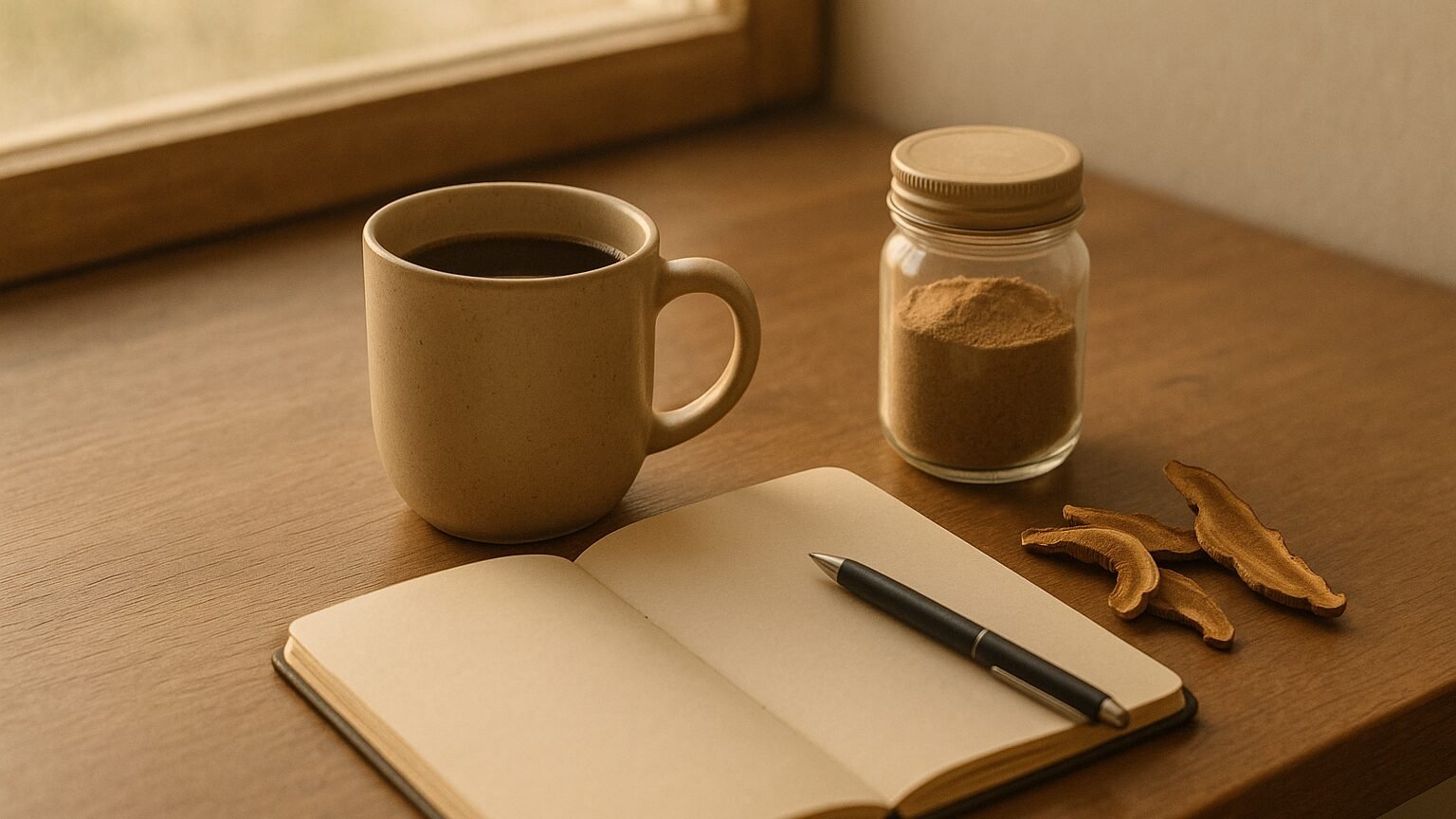 Mug de caf&eacute; aux champignons, poudre adaptog&egrave;ne et carnet ouvert dans la lumi&egrave;re du matin, symbole d'une routine sobre