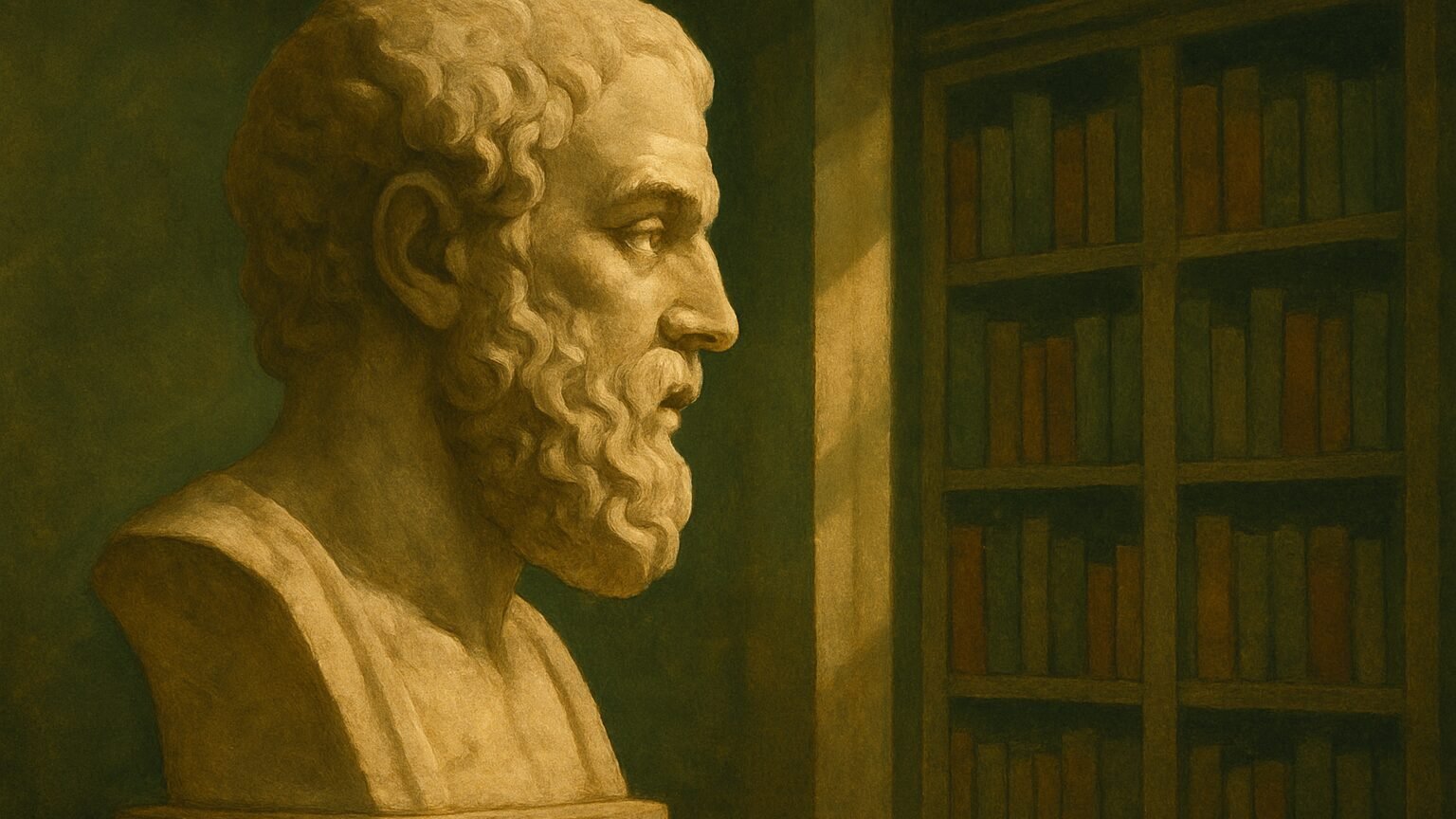 Buste de philosophe grec en marbre vu de profil dans une bibliothèque ancienne