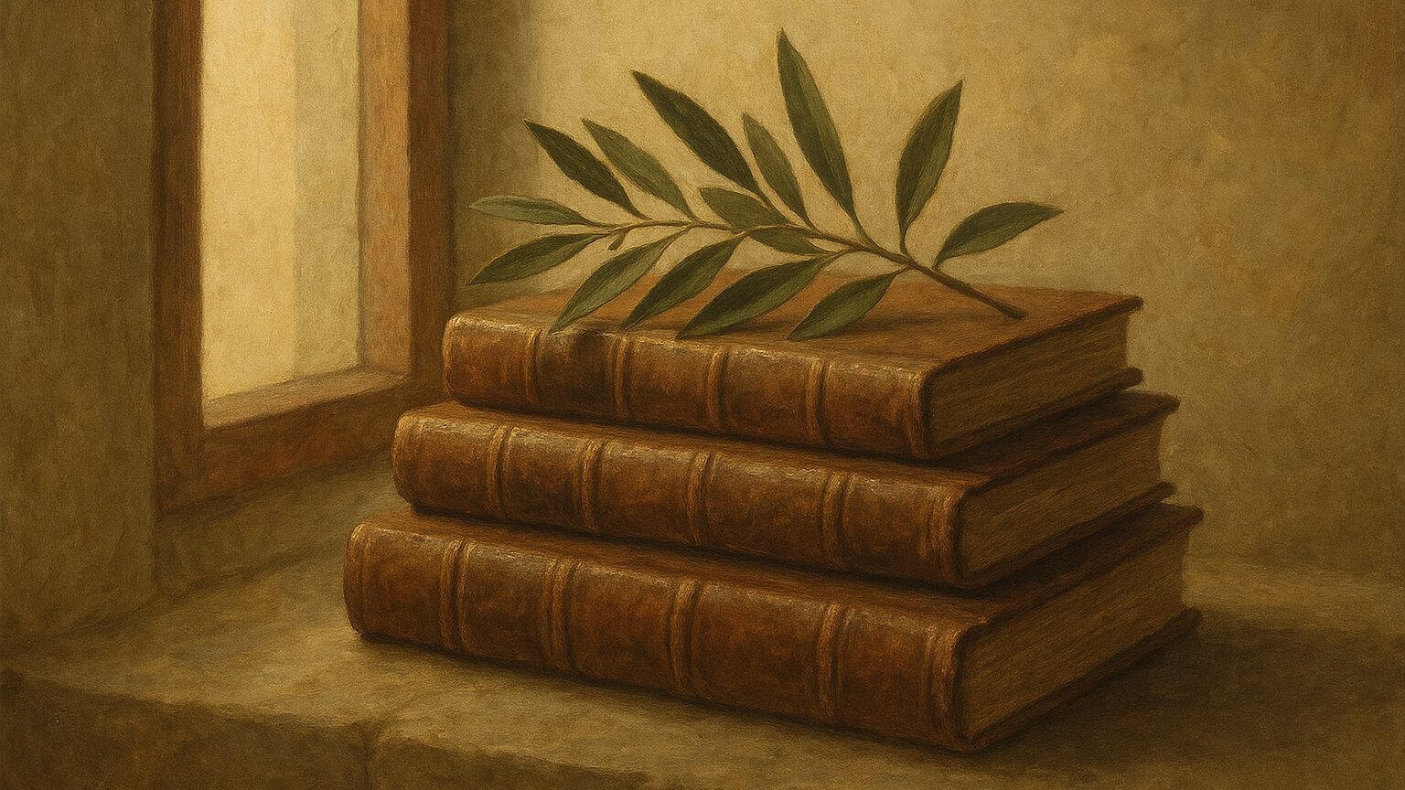 Buste antique d'un philosophe stoïcien de profil face à une bibliothèque, atmosphère de sagesse ancienne évoquant sapere aude