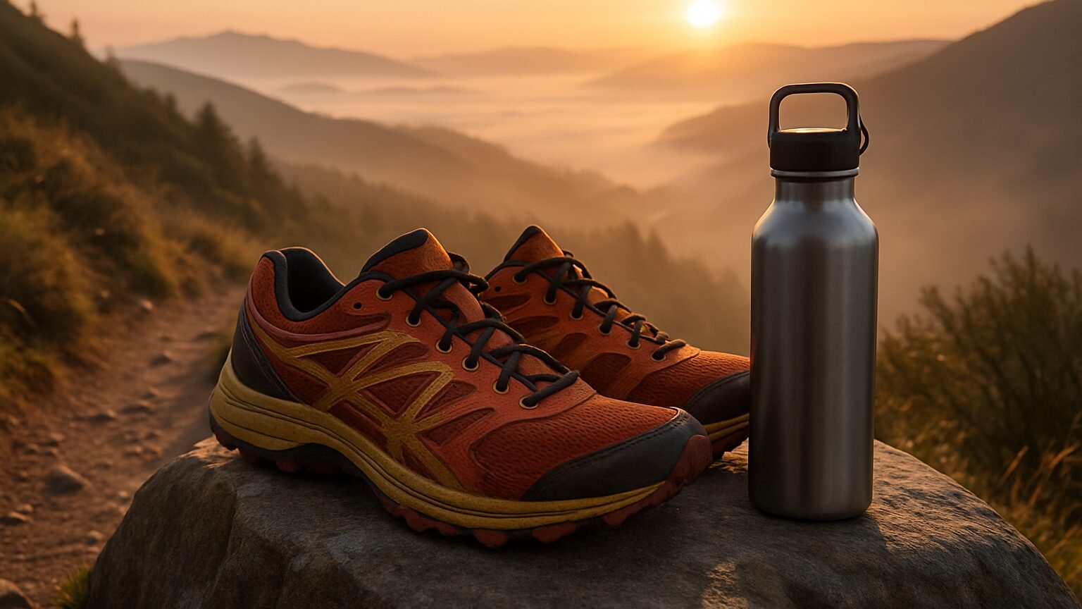 Chaussures de trail et gourde sur un sentier de montagne au lever du jour, évoquant l'endurance