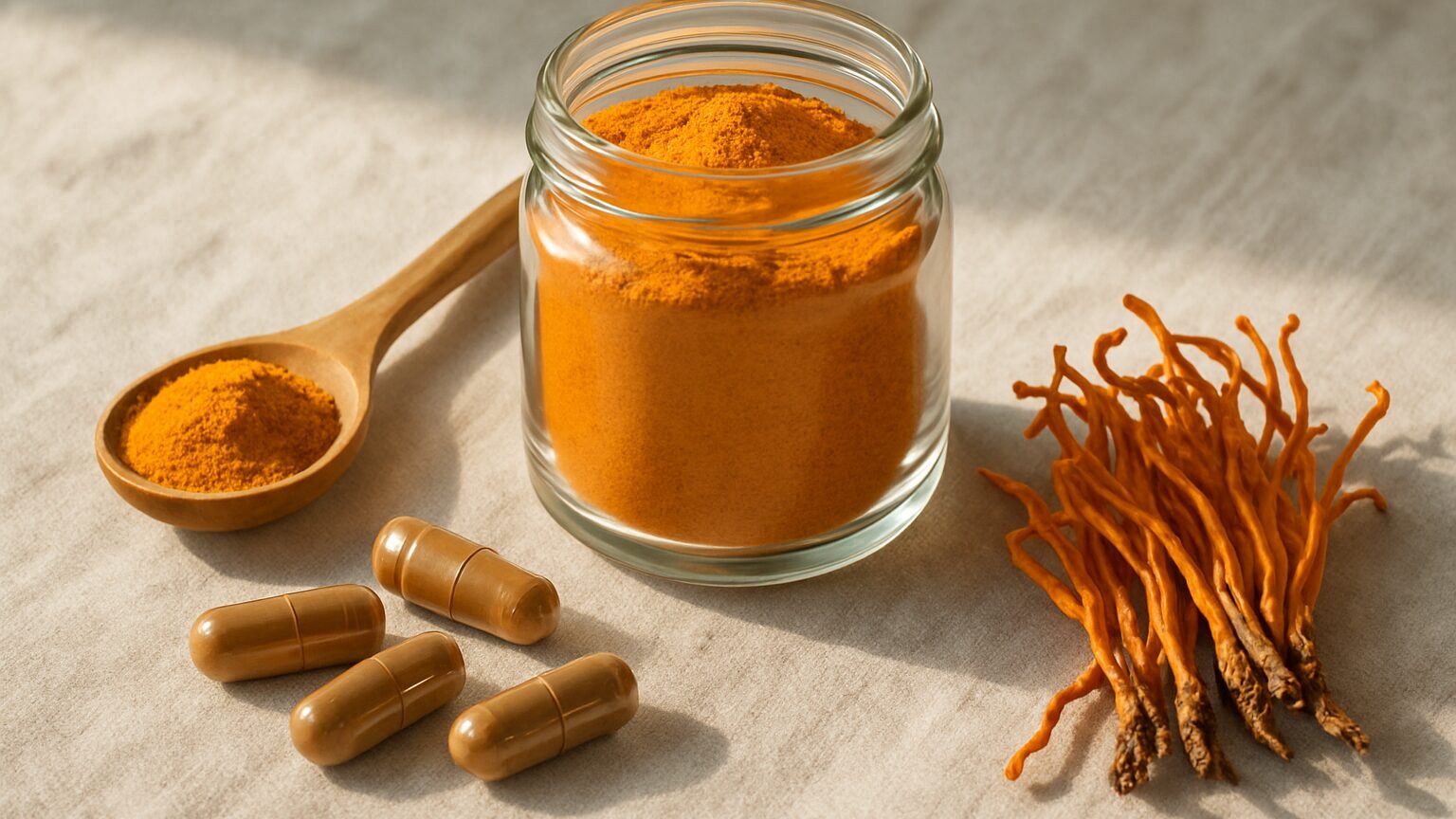 Poudre et gélules de cordyceps orange à côté de cordyceps séchés