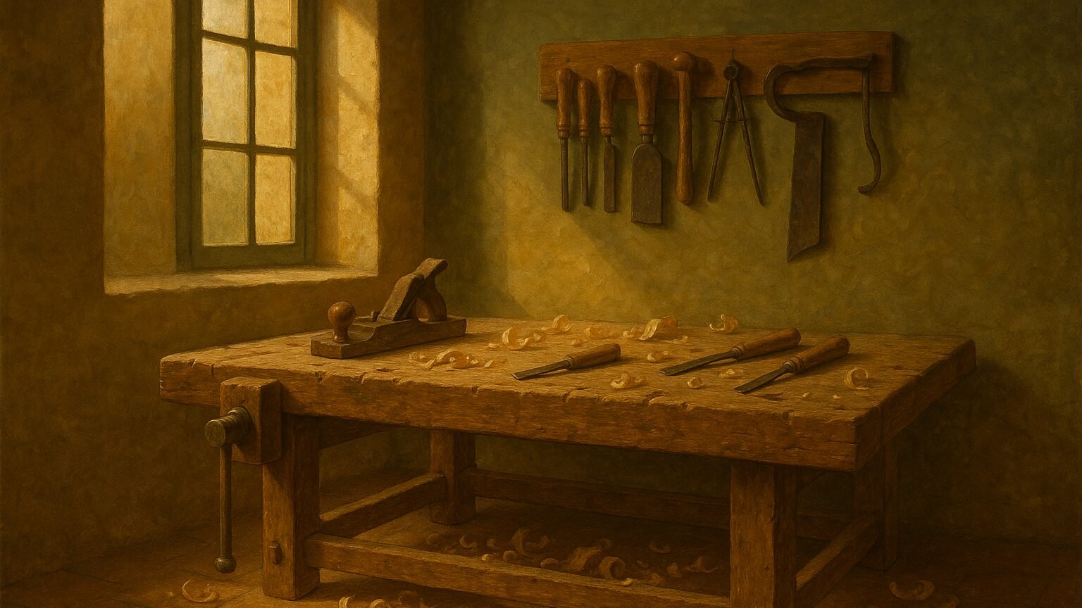 Atelier d artisan ancien, etabli en bois et outils ranges avec soin