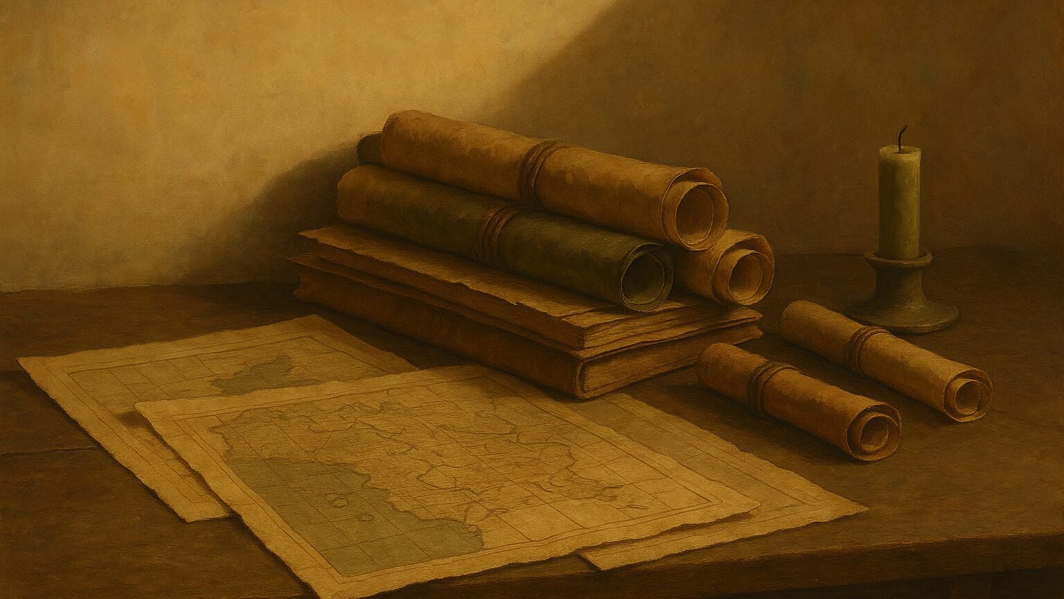 Manuscrits et cartes anciennes empiles sur une table de travail, bougie eteinte