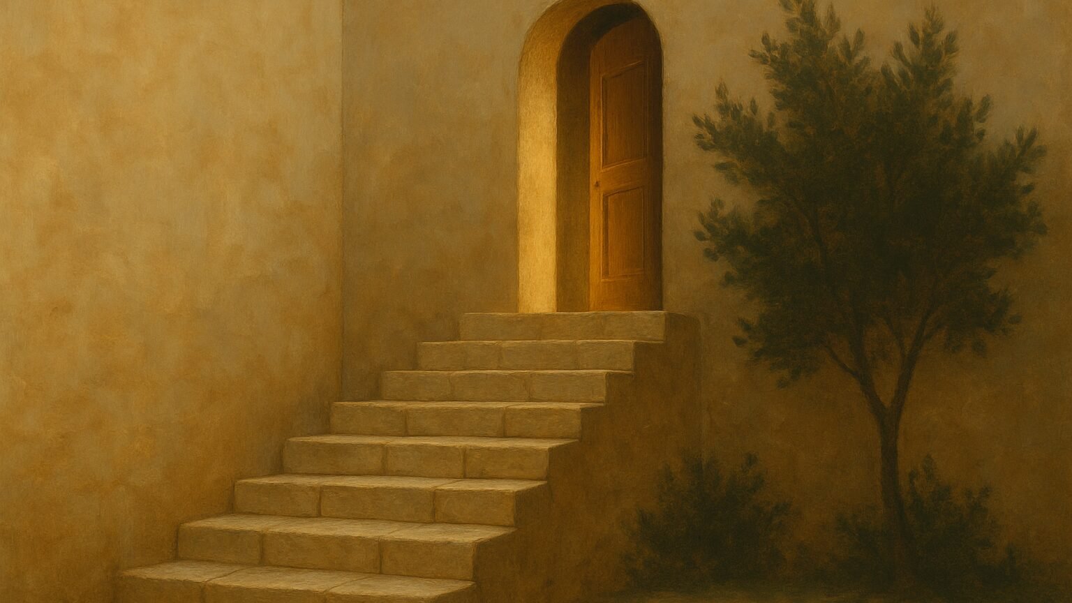Escalier de pierre ancien montant vers une porte entrouverte