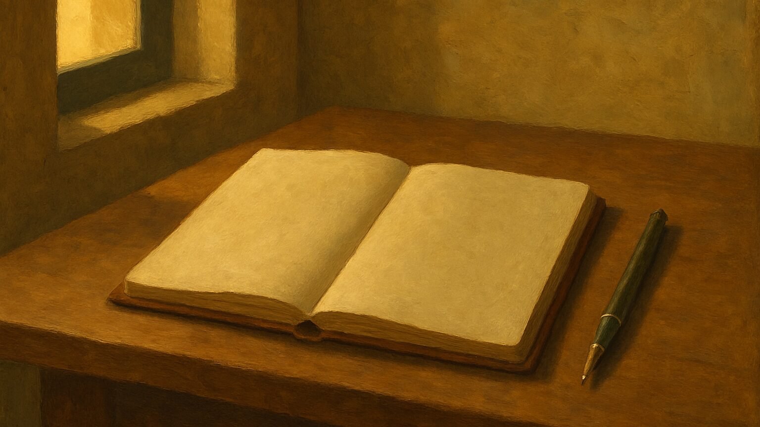 Carnet ouvert sur une table en bois, page divisée en deux colonnes par un trait vertical