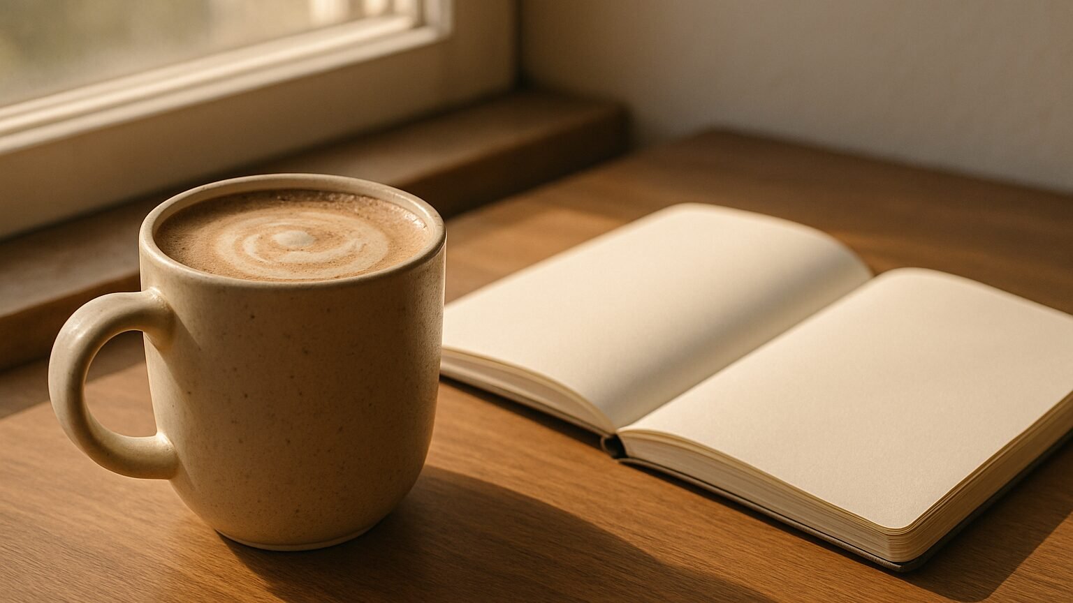 Tasse de boisson au lion's mane et carnet ouvert dans la lumière du matin, ambiance de concentration