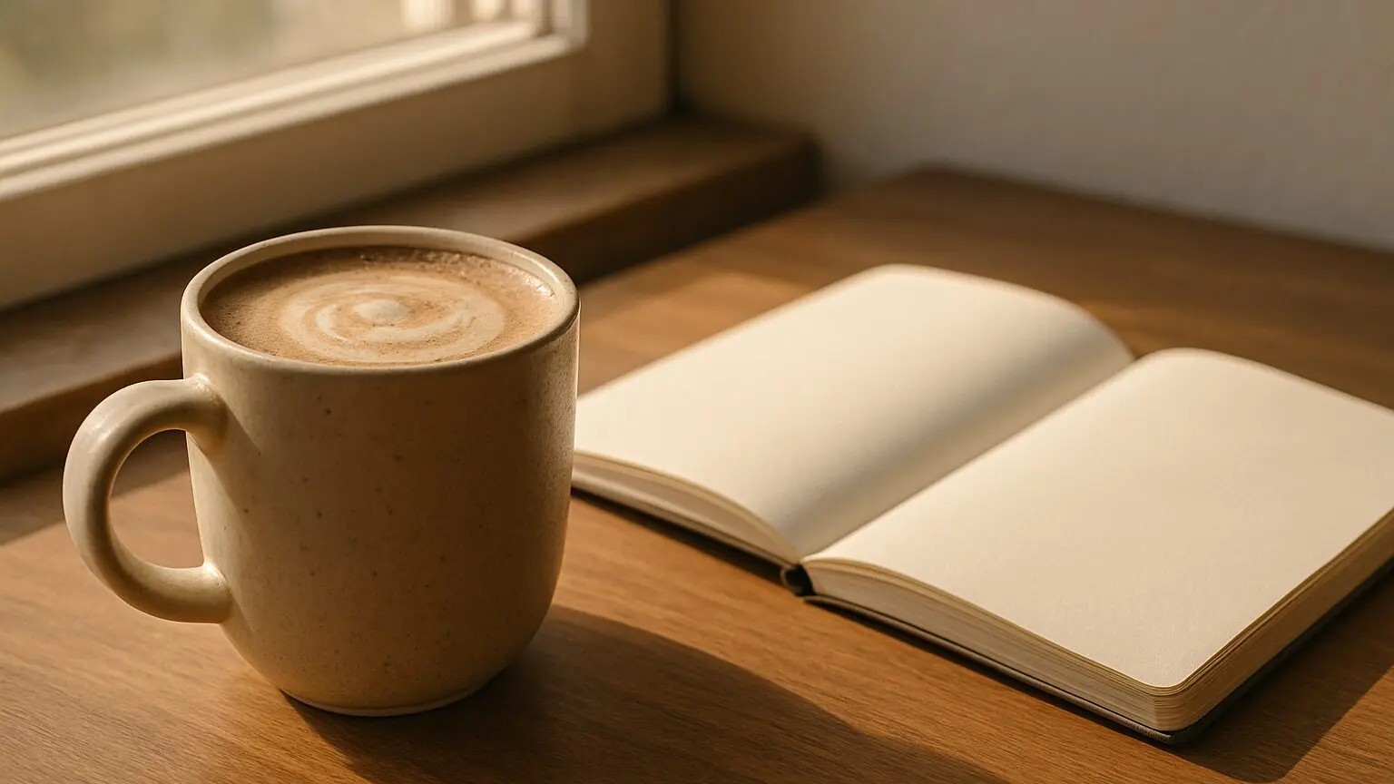 Tasse de boisson au lion's mane et carnet ouvert dans la lumière du matin, ambiance de concentration