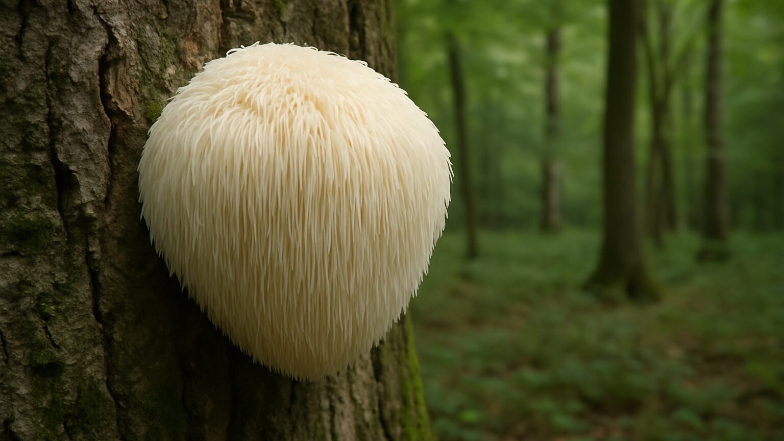 Champignon lion's mane sauvage poussant sur un tronc d'arbre en forêt