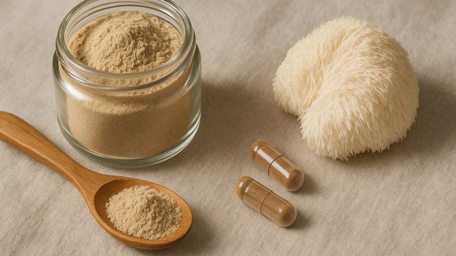 Poudre et gélules de lion's mane à côté d'un champignon crinière de lion