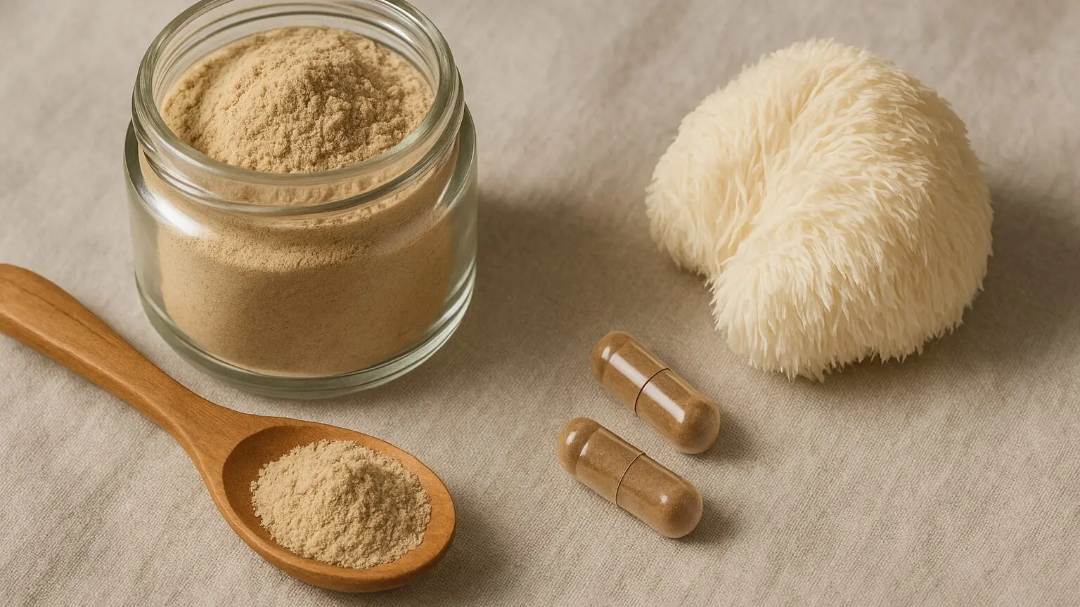 Poudre et gélules de lion's mane à côté d'un champignon crinière de lion