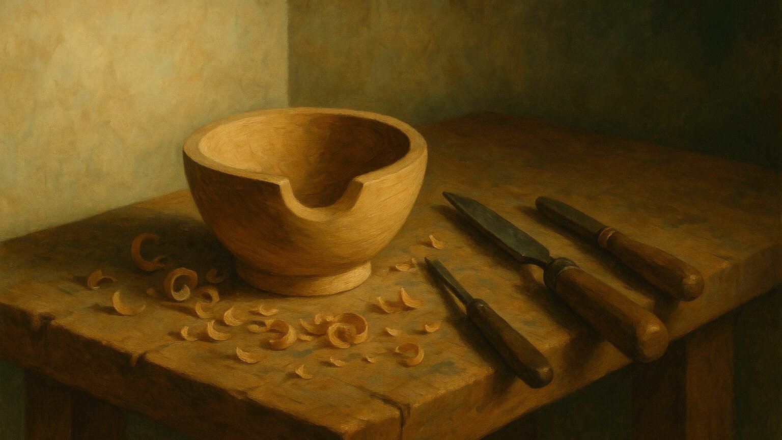 Objet en bois en cours de finition sur un etabli, outils et copeaux