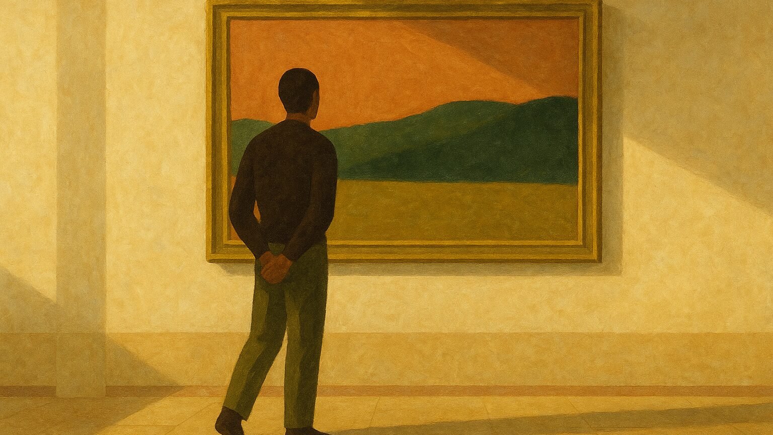 Silhouette de dos reculant de quelques pas devant un grand tableau dans une salle claire