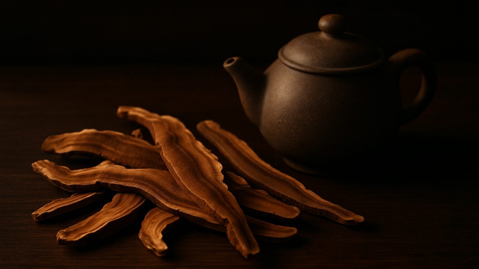 Tranches de reishi séché et petite théière sur un plan de travail sombre