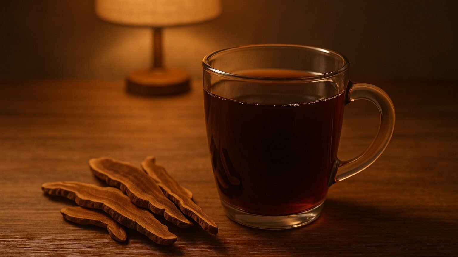 Tasse de tisane de reishi le soir dans une lumière chaude, ambiance de calme