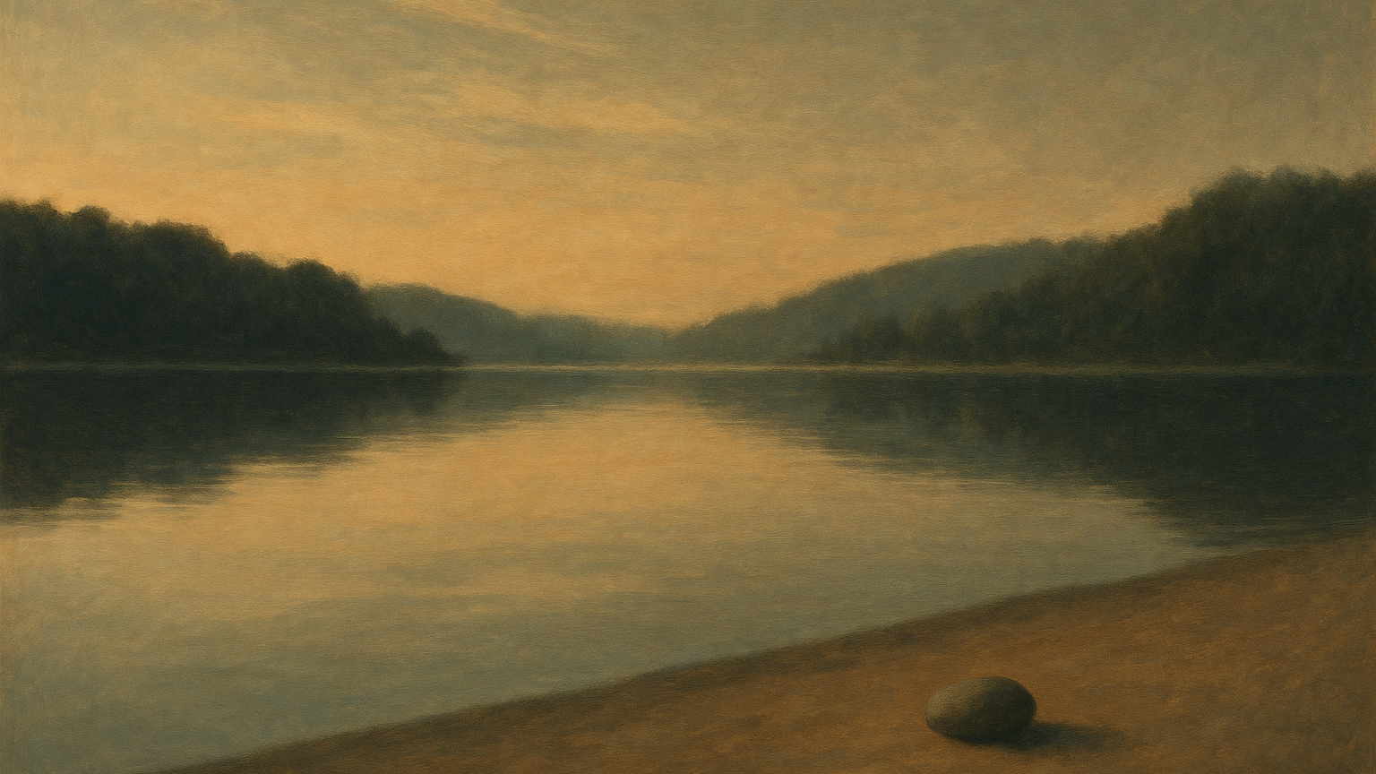 Lac calme au lever du soleil qui reflète un ciel chaud, petit galet posé au bord, évocation d une âme non troublée