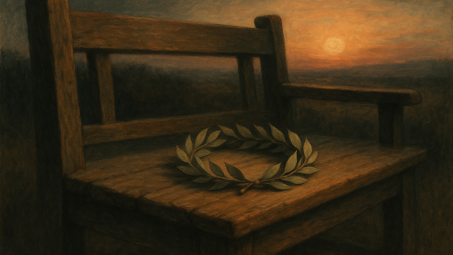 Couronne de laurier posée sur un banc en bois au coucher du soleil, atmosphère de maîtrise tranquille