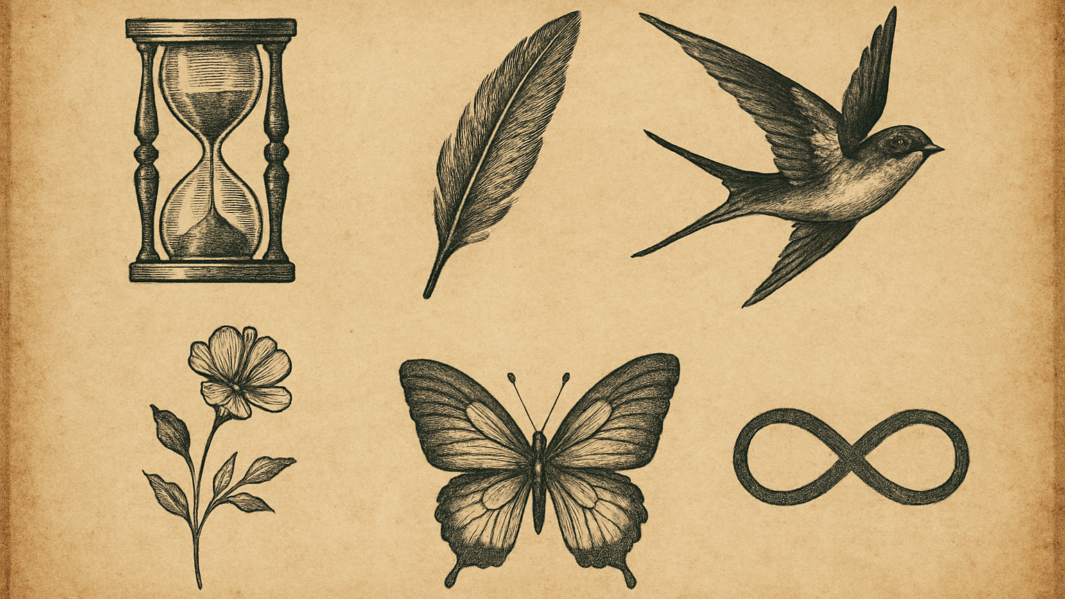 Planche de tatouages symboliques associés à carpe diem : sablier, plume, hirondelle, fleur, papillon, infini