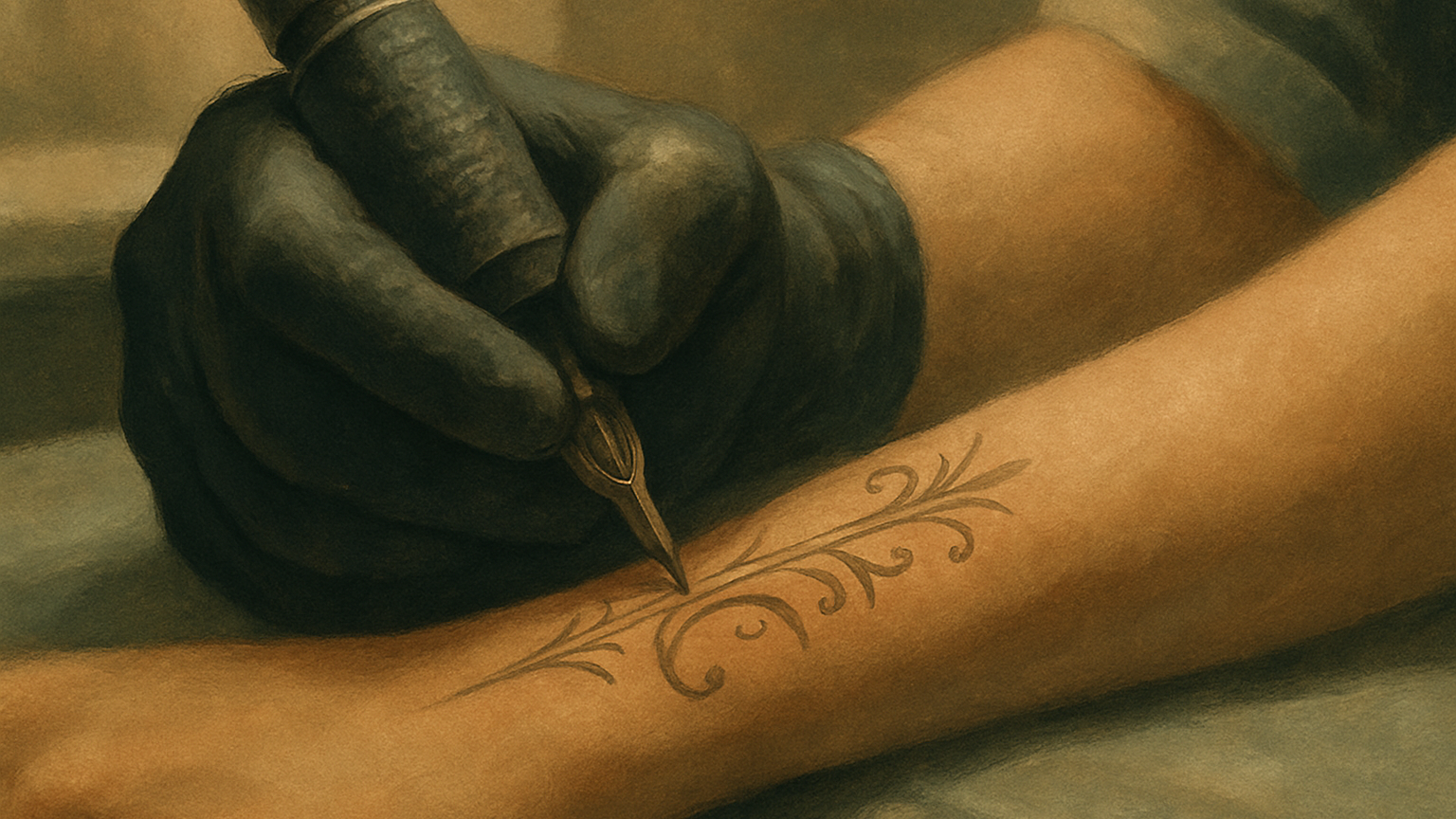 Aiguille de tatoueur traçant une ligne fine sur un avant-bras en studio stérile