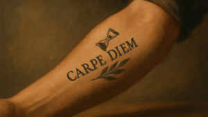 Tatouage carpe diem en Roman capital sur avant-bras, accompagné d un sablier et d une branche d olivier, symboles cohérents avec le sens antique