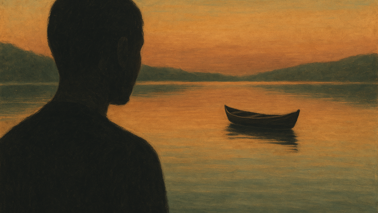 Silhouette regardant s éloigner un petit bateau au coucher du soleil sur un lac calme, métaphore d un détachement paisible