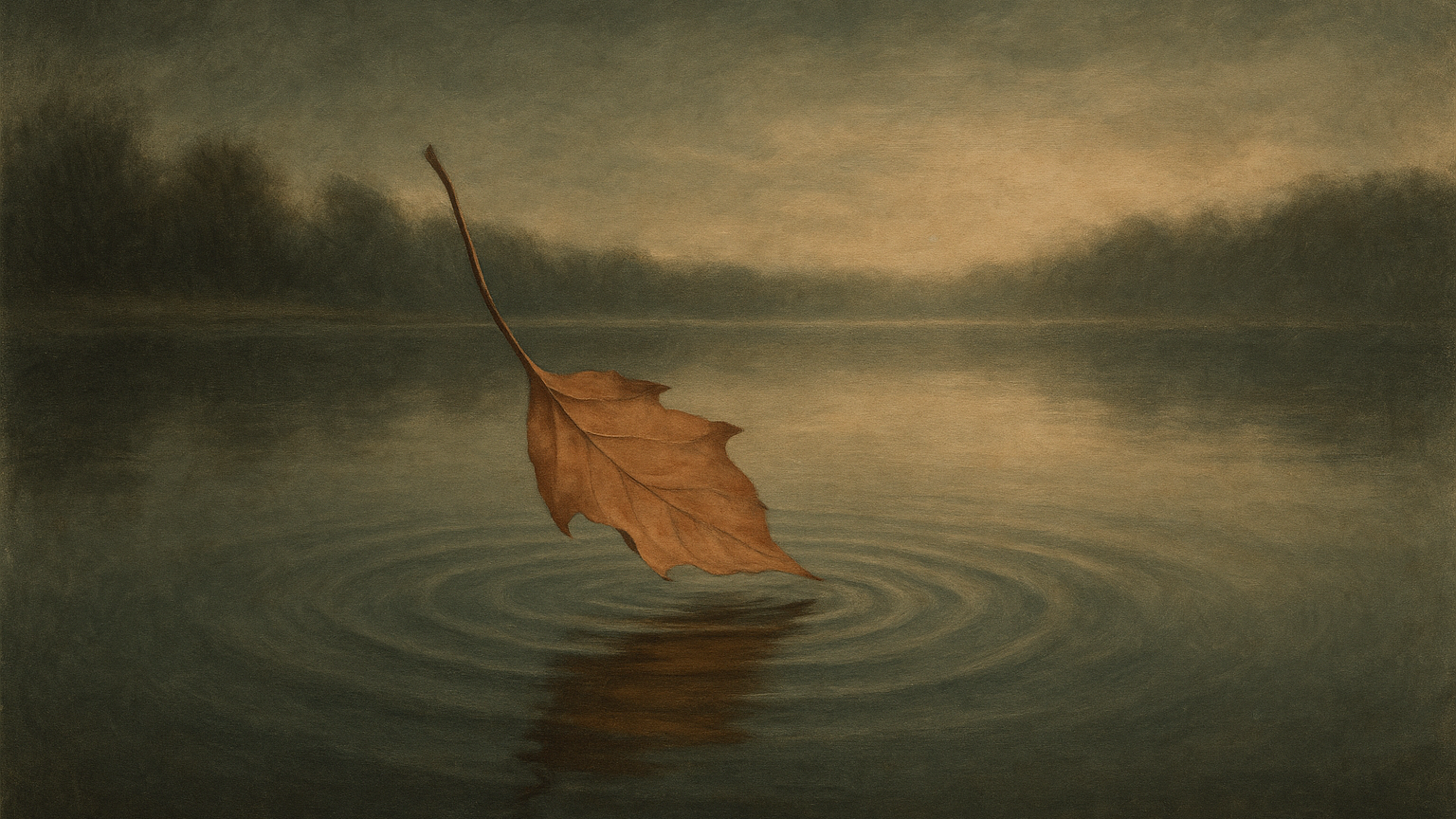 Feuille séchée d automne tombant doucement à la surface d un lac calme au petit matin, image d un temps lent qui passe