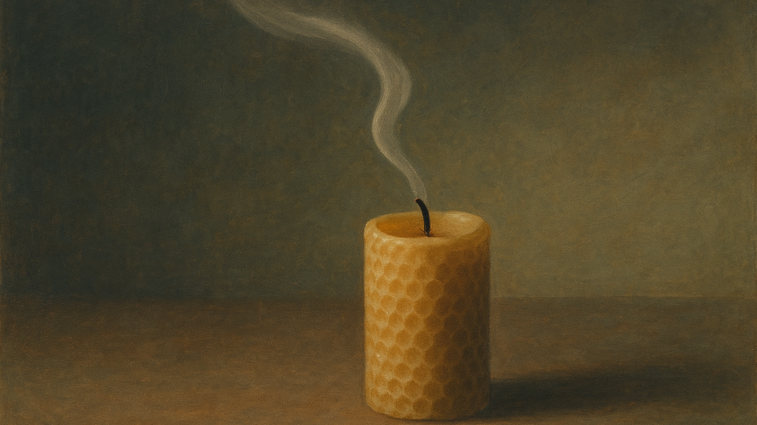 Bougie en cire d abeille qui vient de s éteindre, fine trace de fumée qui monte doucement dans la lumière du soir, image paisible