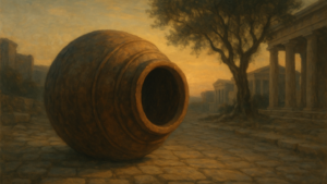 Grand vase en céramique antique sur une rue de pierre d une cité grecque au coucher du soleil, symbole du philosophe Diogène