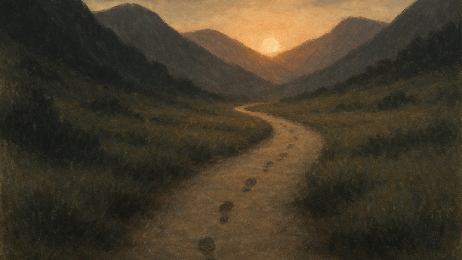 Sentier de montagne au lever du soleil avec une trace de pas dans la rosée, effort constant jour après jour