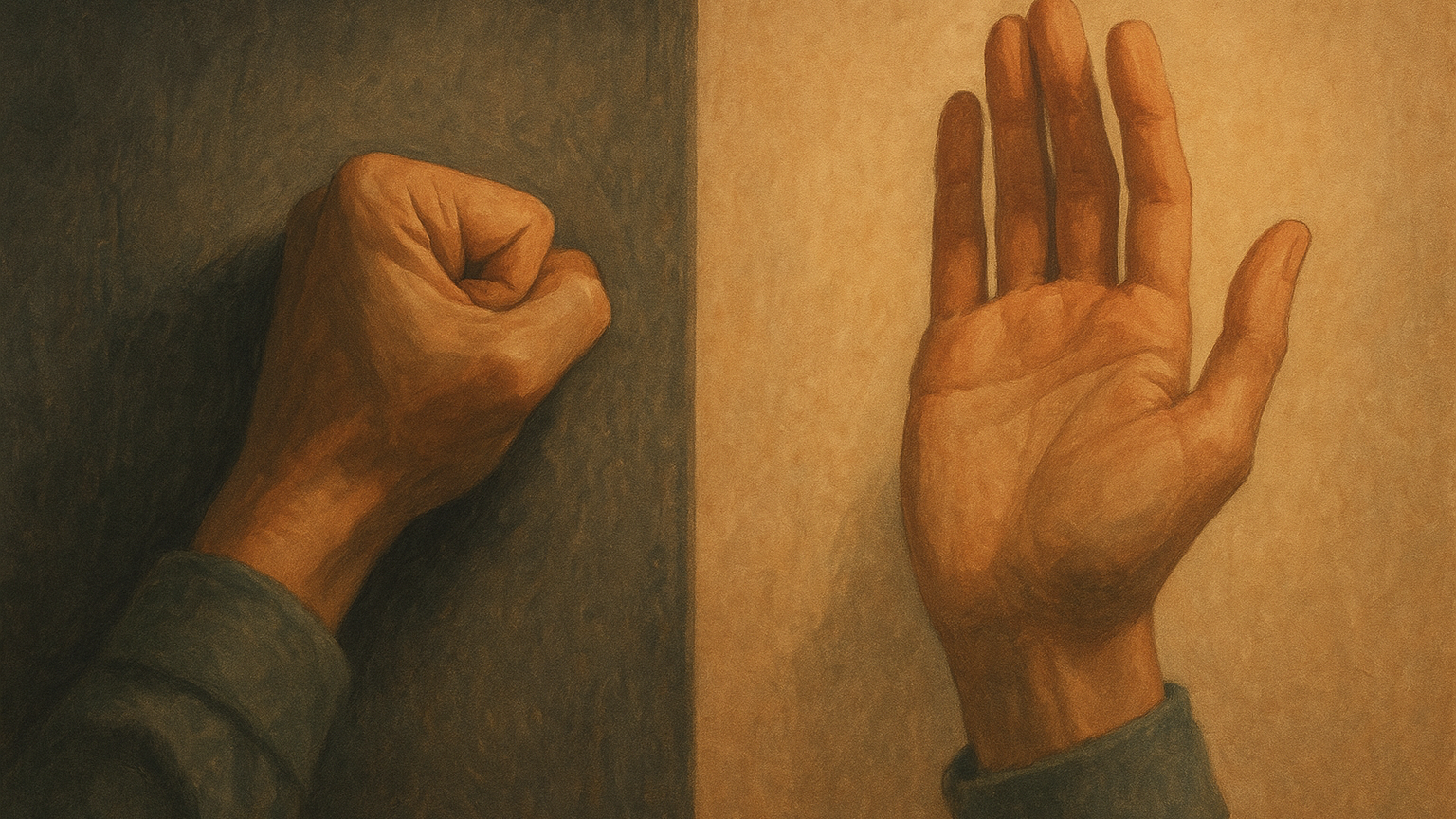Main tendue prête à frapper un mur qui se relâche et s ouvre, symbole du choix de la pause sur l impulsion
