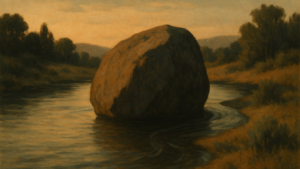 Rivière calme qui contourne un gros rocher au crépuscule, acceptation de ce qui ne cède pas à la force