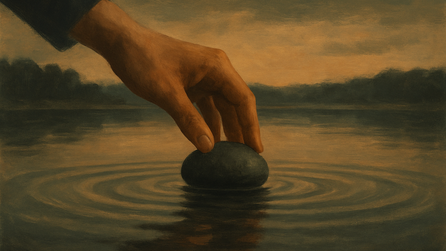 Main qui tient délicatement une pierre à la surface d une eau calme, ondes légères, métaphore de la retenue avant l action