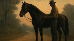 Cavalier tenant délicatement les rênes d un cheval puissant à l aube, métaphore antique de la maîtrise de soi stoïcienne