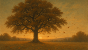 Paysage d automne au coucher du soleil avec un vieux chêne, lumière dorée, atmosphère paisible d acceptation