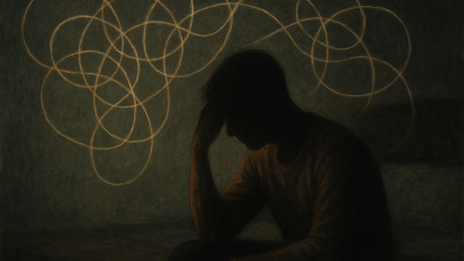 Personne assise dans la pénombre, l'esprit envahi de pensées en boucle représentant l'overthinking