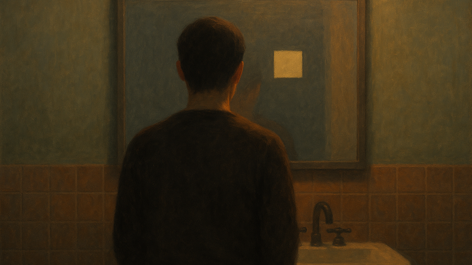 Personne face à un miroir au petit matin, un post-it d affirmation positive collé sur la glace, atmosphère contemplative