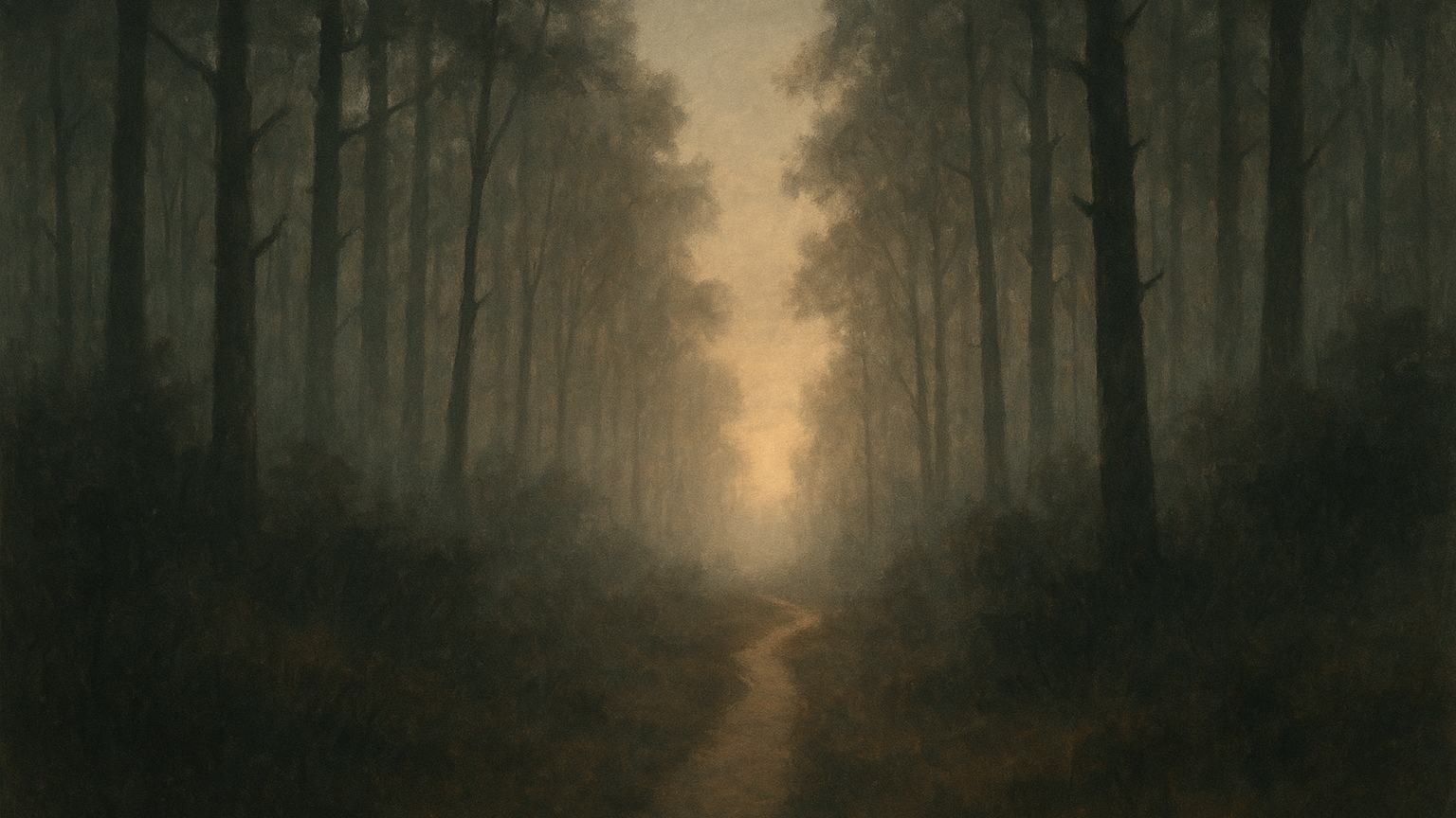 Sentier étroit dans une forêt brumeuse à l aube avec la première lumière qui perce, symbole d affronter l inconnu pas à pas