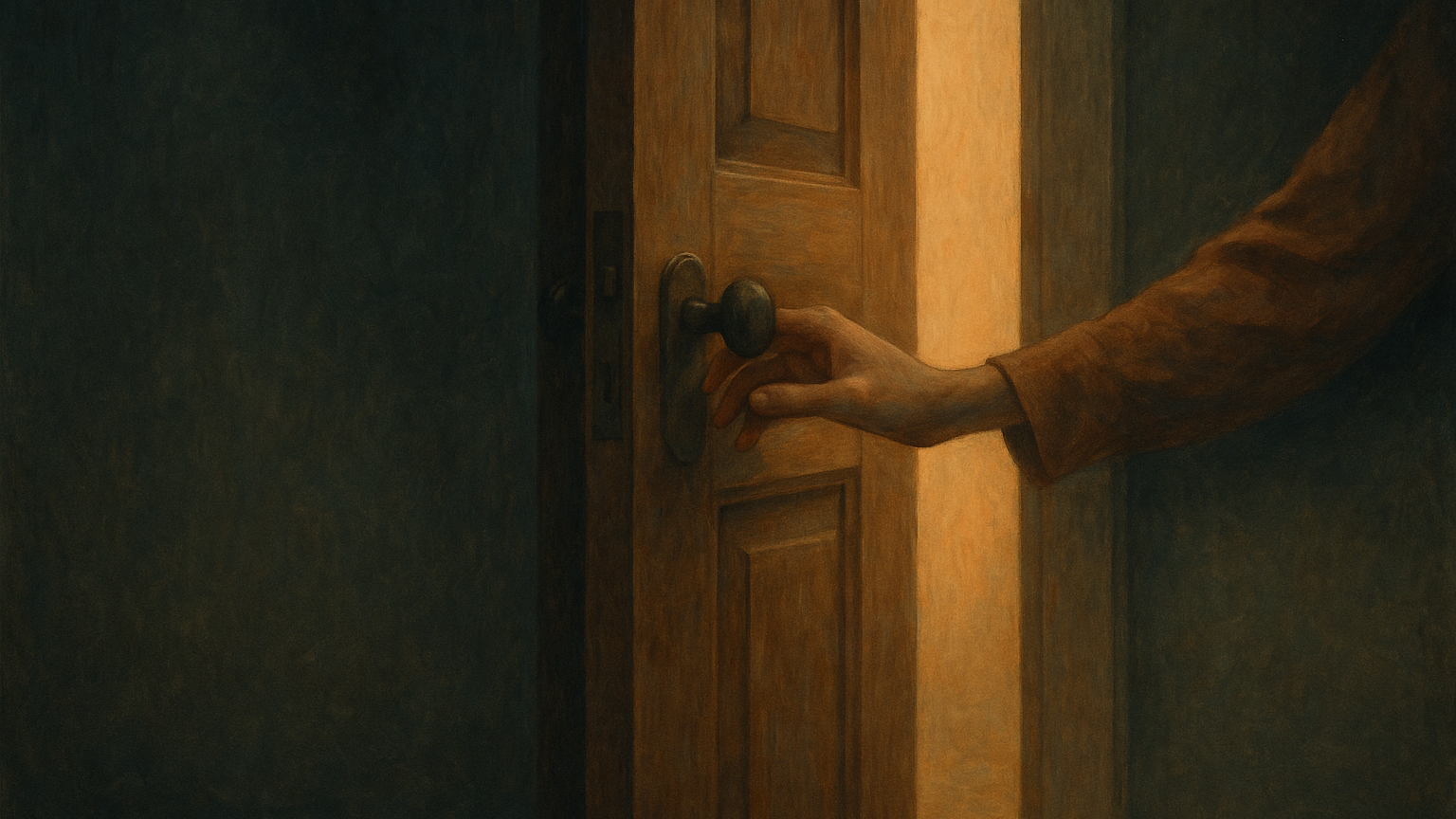 Main calme qui ouvre légèrement une porte en bois, lumière chaude qui entre derrière elle, évocation d affronter ses peurs