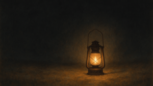 Lanterne unique allumée face à un vaste ciel nocturne, lumière chaude qui repousse l ombre