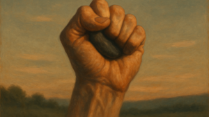Petite pierre sombre serrée dans un poing fermé au crépuscule, tension visible dans les doigts