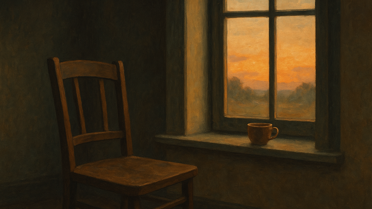 Chaise en bois vide devant une fenêtre au lever du soleil avec une tasse de thé inachevée, atmosphère de solitude douce